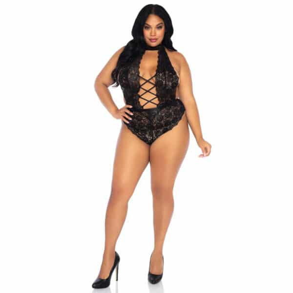Leg Avenue Floral Lace Crotchless Teddy Black UK 14 to 18